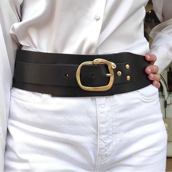 black gold GG wide leather dress belt size 36/90